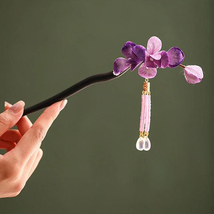 Chinese non-heritage velvet flower hairpin purple sandalwood purple flower petals hair pin David gold necklace yurman