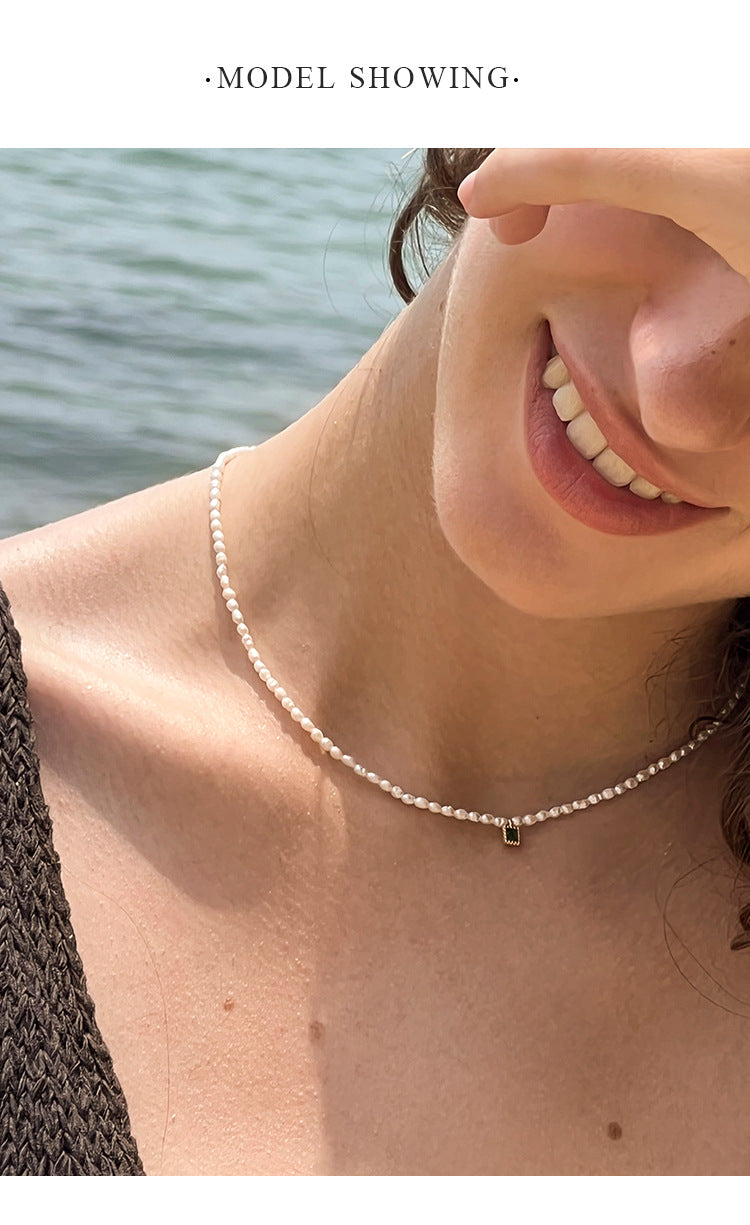 French Style Pearl Necklace for Women, New Trendy Small Square Diamond Design Clavicle Chain, 002Fashionable and Elegant Necklace with a Sense of Sophistication, Jewelry Davidjewelry david002