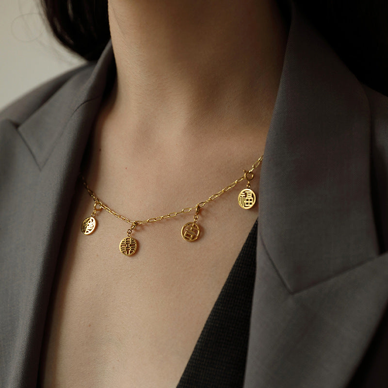 2022 New Titanium Steel Pendant for Women, Light Luxury Retro Chinese Style New Year Niche High-end Pendant Jewelry David Gold Necklacejewelry david gold necklace002