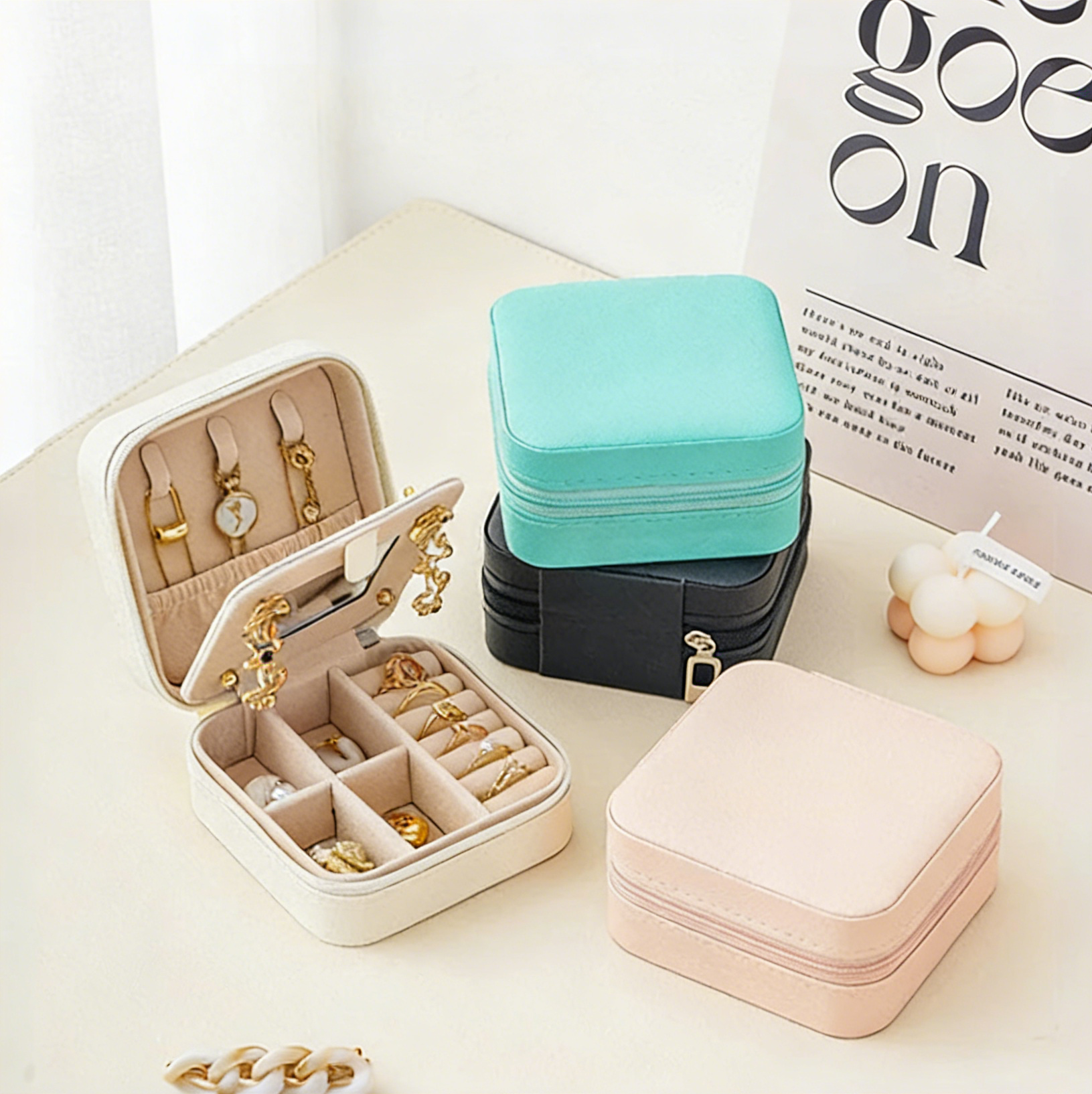 Cross-Border Direct Supply Jewelry Box Storage Box Pu Thickened Leather Necklace Ring Earrings Ring Storage Jewelry With Mirror Box David Gold Necklace Tiffany Jewelrydavid gold necklace Tiffany jewelry