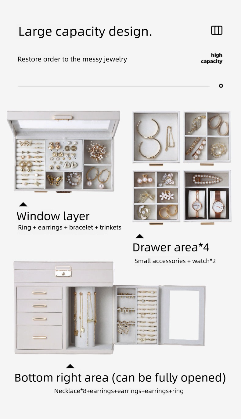 Cross-Border Direct Supply Korean Style Leather Transparent Openable Jewelry Storage Box Multi-Layer Necklace Ring Jewelry Box Jewelry Gold Necklace David Tiffanyjewelry gold necklace david Tiffany