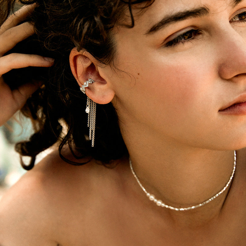 Copper Alloy Synthetic Zircon Earrings Tassel Ear Cuff for Women, Light Luxury French Style, High-End Feel, Non-Pierced Ear Clip, Ear Jewelry