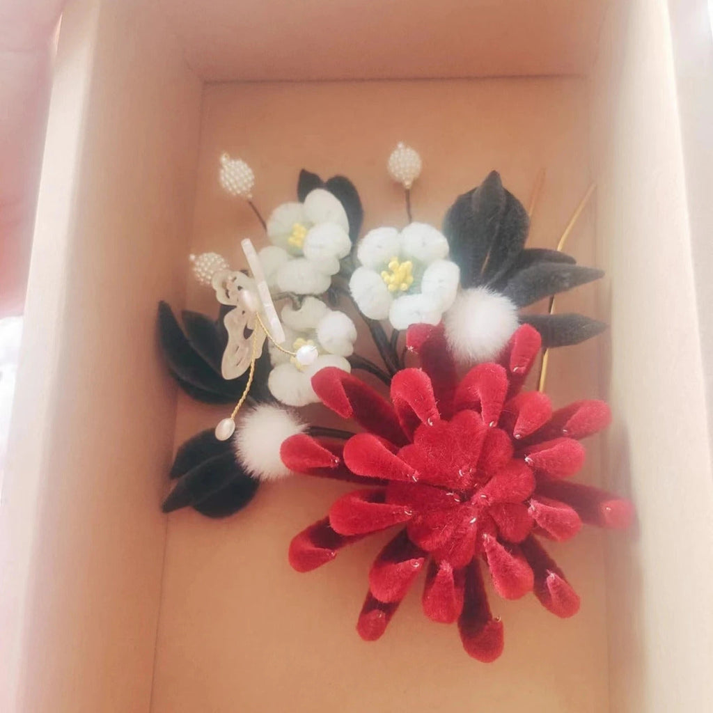 Chinese Intangible Cultural Heritage Handmade Velvet Flower Red Bean Paste Chrysanthemum Hairpin Cute Tang Style Ancient David gold necklace yurman