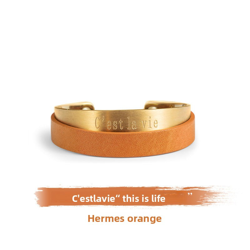 Titanium Steel Leather Bracelet Couple Bracelet Women's Niche Design Men's Accessories Light Luxury Style