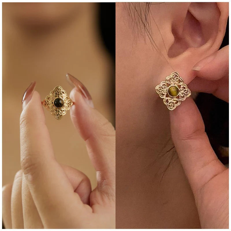 Auspicious Three-Piece Set (Necklace + Ring + Earrings) Jewelry Gold Necklace Jewelry Gold Necklacejewelry gold necklace001003