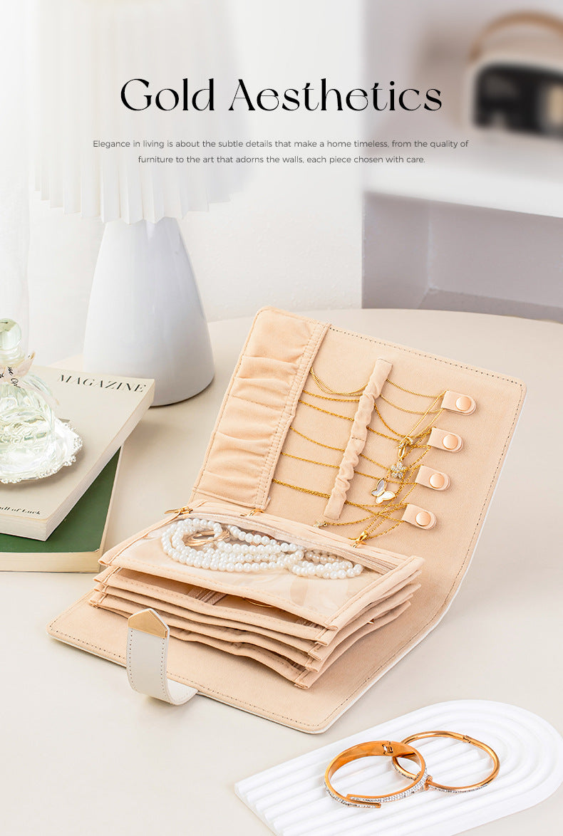 Cross-Border Jewelry Storage Box Booklet Bag Necklace Earring Box Leather Portable Gold Jewelry Storage High-End Gift Tiffany Gold Necklace Jewelry DavidTiffany gold necklace jewelry david