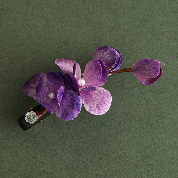 Chinese non-heritage velvet flower hairpin purple sandalwood purple flower petals hair pin David gold necklace yurman