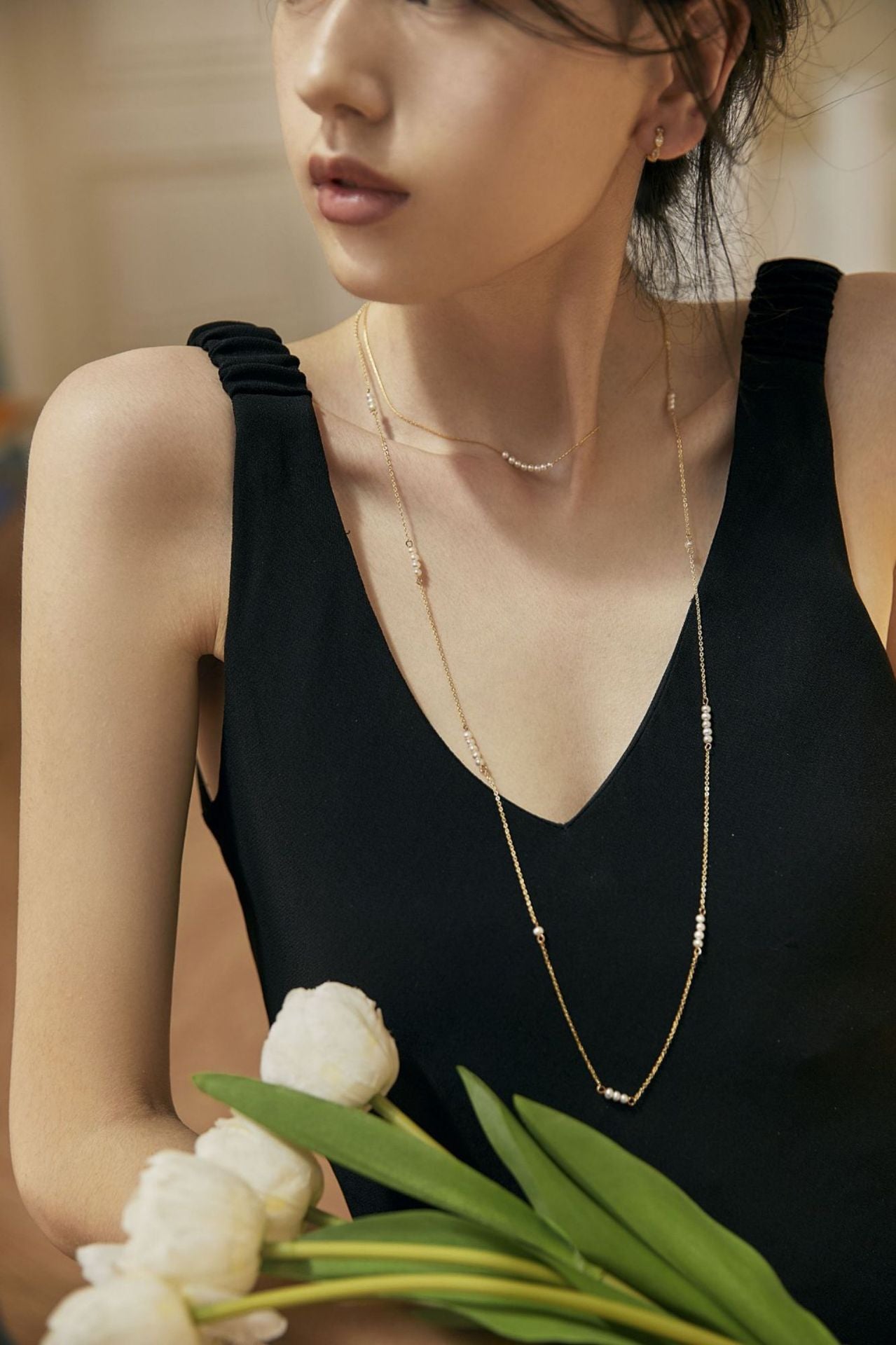 Necklace for Women Freshwater Pearl Light Luxury S925 Silver Long Necklace Niche Hypoallergenic Collarbone Chain Birthday Gift Gold Necklace Davidgold necklace david002