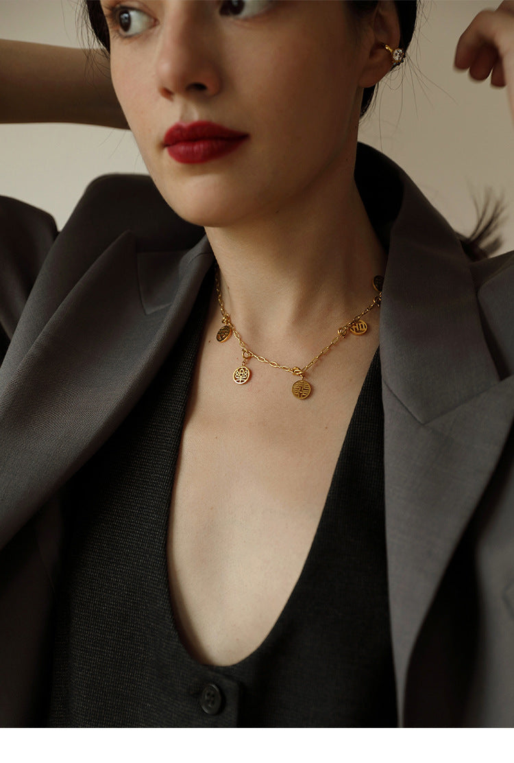 2022 New Titanium Steel Pendant for Women, Light Luxury Retro Chinese Style New Year Niche High-end Pendant Jewelry David Gold Necklacejewelry david gold necklace002