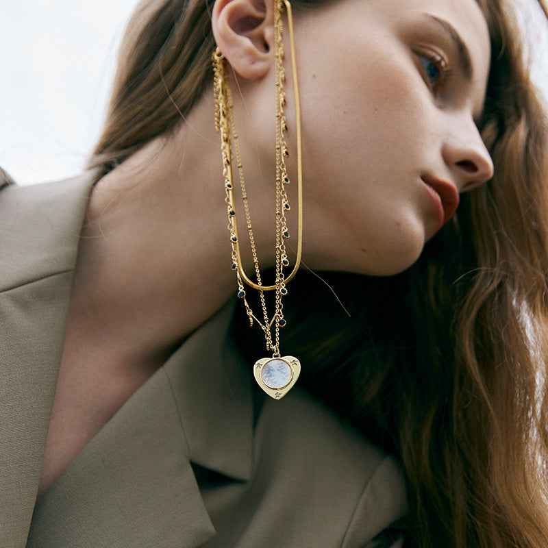 Stainless Steel Synthetic Zircon Necklace Necklace Women Light Luxury Jewelry Heart Pendant Double Layer Stacked Collarbone Chain Summer David Jewelrydavid jewelry002