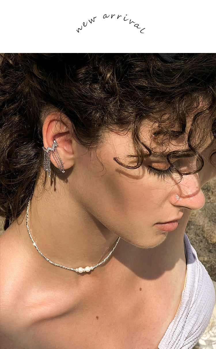 Copper Alloy Synthetic Zircon Earrings Tassel Ear Cuff for Women, Light Luxury French Style, High-End Feel, Non-Pierced Ear Clip, Ear Jewelry