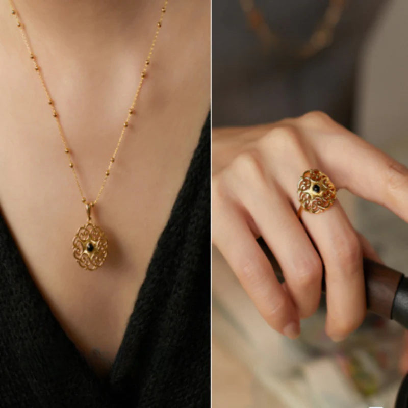 French Retro Chinese Style Melad Hardware Girl Warm Winter Agate Necklace Ring Gold Necklace Davidgold necklace david001
