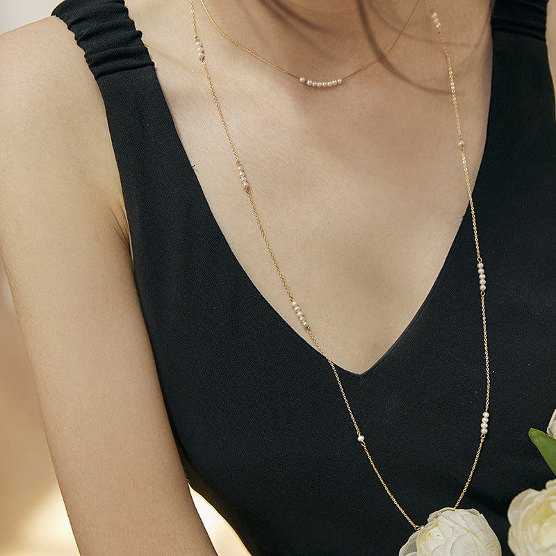 Necklace for Women Freshwater Pearl Light Luxury S925 Silver Long Necklace Niche Hypoallergenic Collarbone Chain Birthday Gift Gold Necklace Davidgold necklace david002