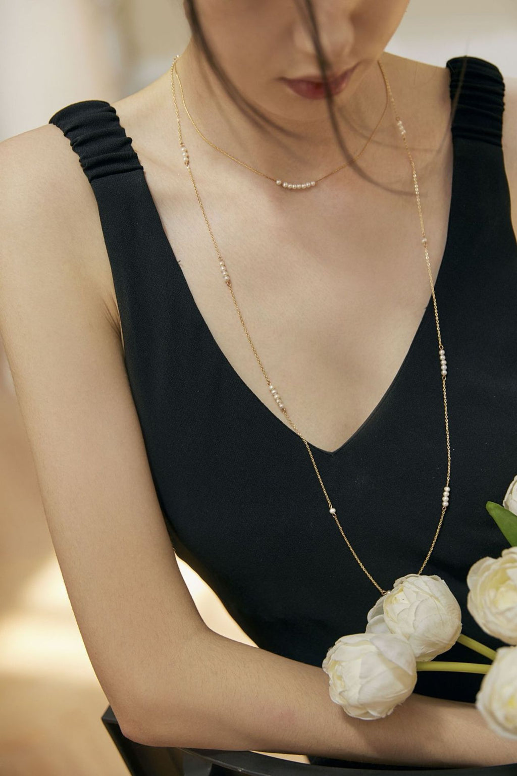 Necklace for Women Freshwater Pearl Light Luxury S925 Silver Long Necklace Niche Hypoallergenic Collarbone Chain Birthday Gift Gold Necklace Davidgold necklace david002