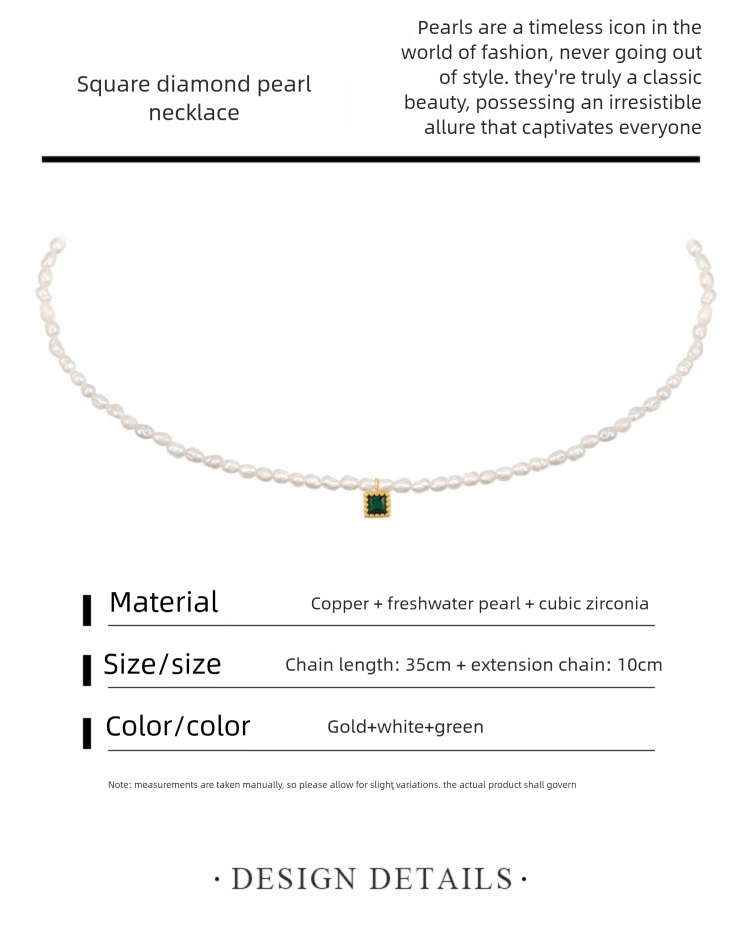 French Style Pearl Necklace for Women, New Trendy Small Square Diamond Design Clavicle Chain, 002Fashionable and Elegant Necklace with a Sense of Sophistication, Jewelry Davidjewelry david002