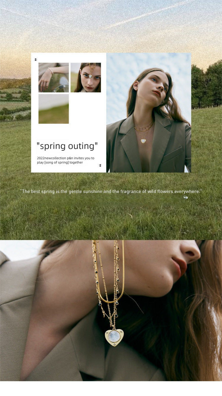 Stainless Steel Synthetic Zircon Necklace Necklace Women Light Luxury Jewelry Heart Pendant Double Layer Stacked Collarbone Chain Summer David Jewelrydavid jewelry002