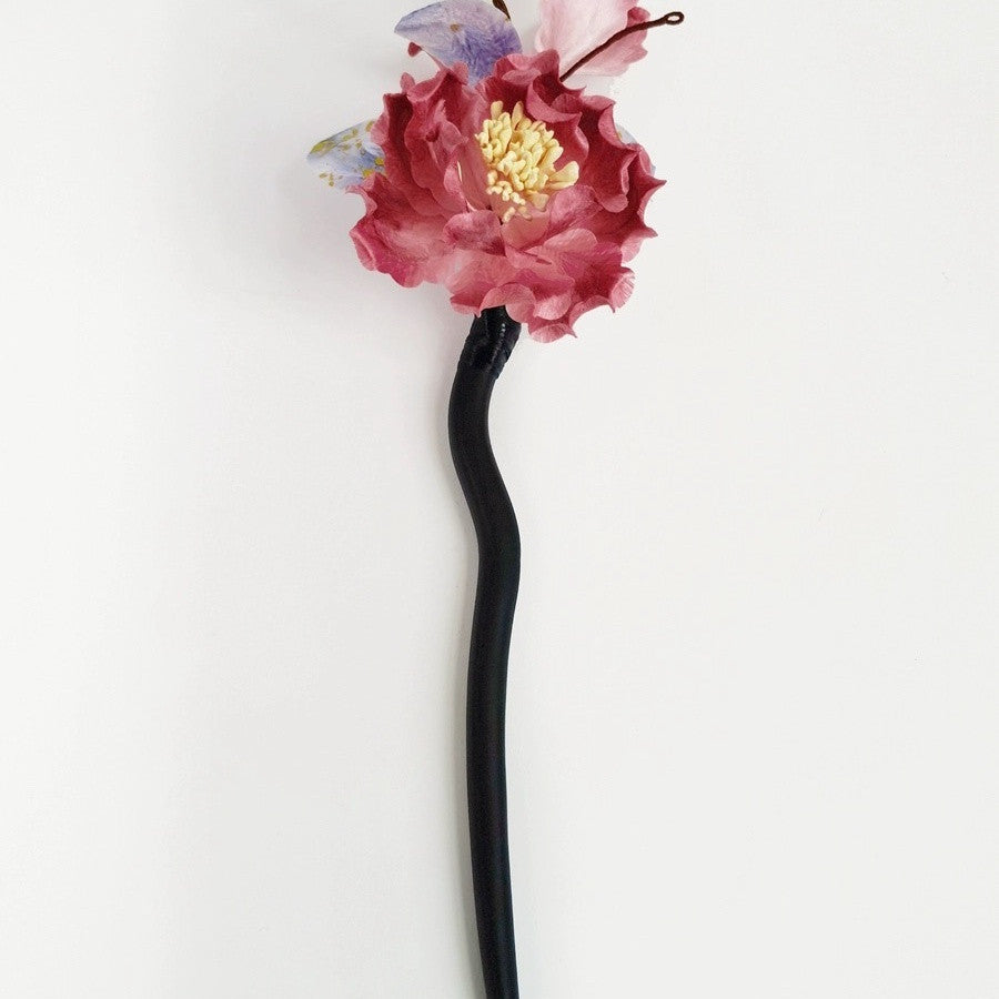 National Style Intangible Cultural Heritage Velvet Flower Sandalwood Hairpin Red Peony Women's Hair Accessories