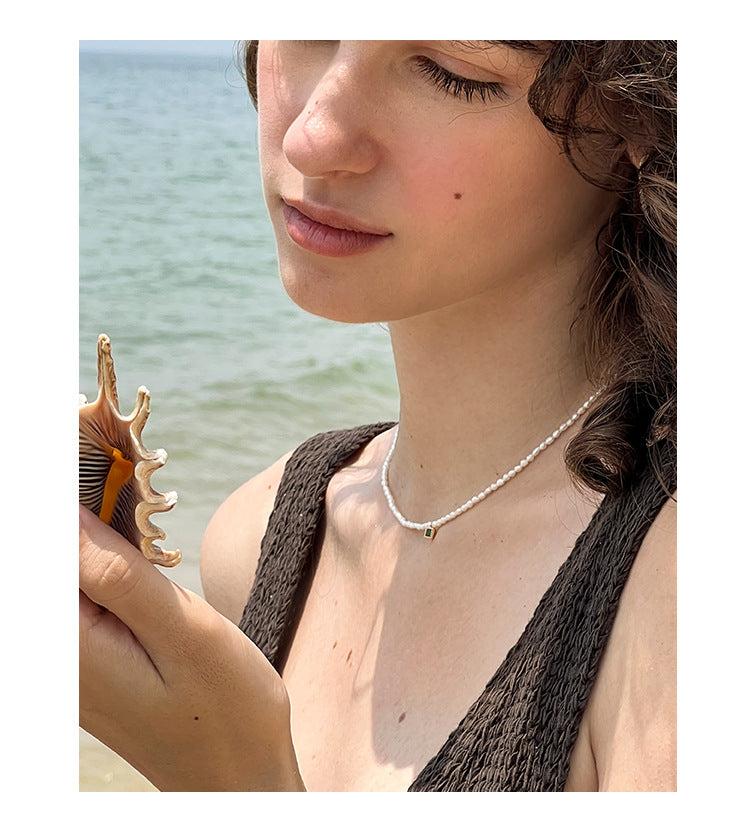 French Style Pearl Necklace for Women, New Trendy Small Square Diamond Design Clavicle Chain, 002Fashionable and Elegant Necklace with a Sense of Sophistication, Jewelry Davidjewelry david002