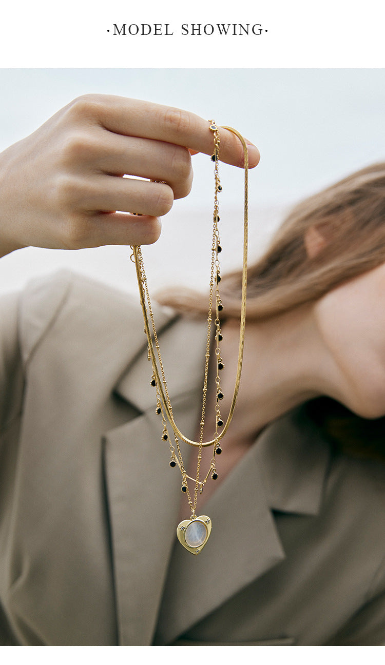 Stainless Steel Synthetic Zircon Necklace Necklace Women Light Luxury Jewelry Heart Pendant Double Layer Stacked Collarbone Chain Summer David Jewelrydavid jewelry002