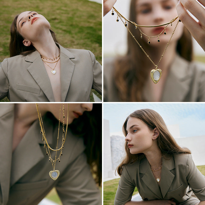 Stainless Steel Synthetic Zircon Necklace Necklace Women Light Luxury Jewelry Heart Pendant Double Layer Stacked Collarbone Chain Summer David Jewelrydavid jewelry002