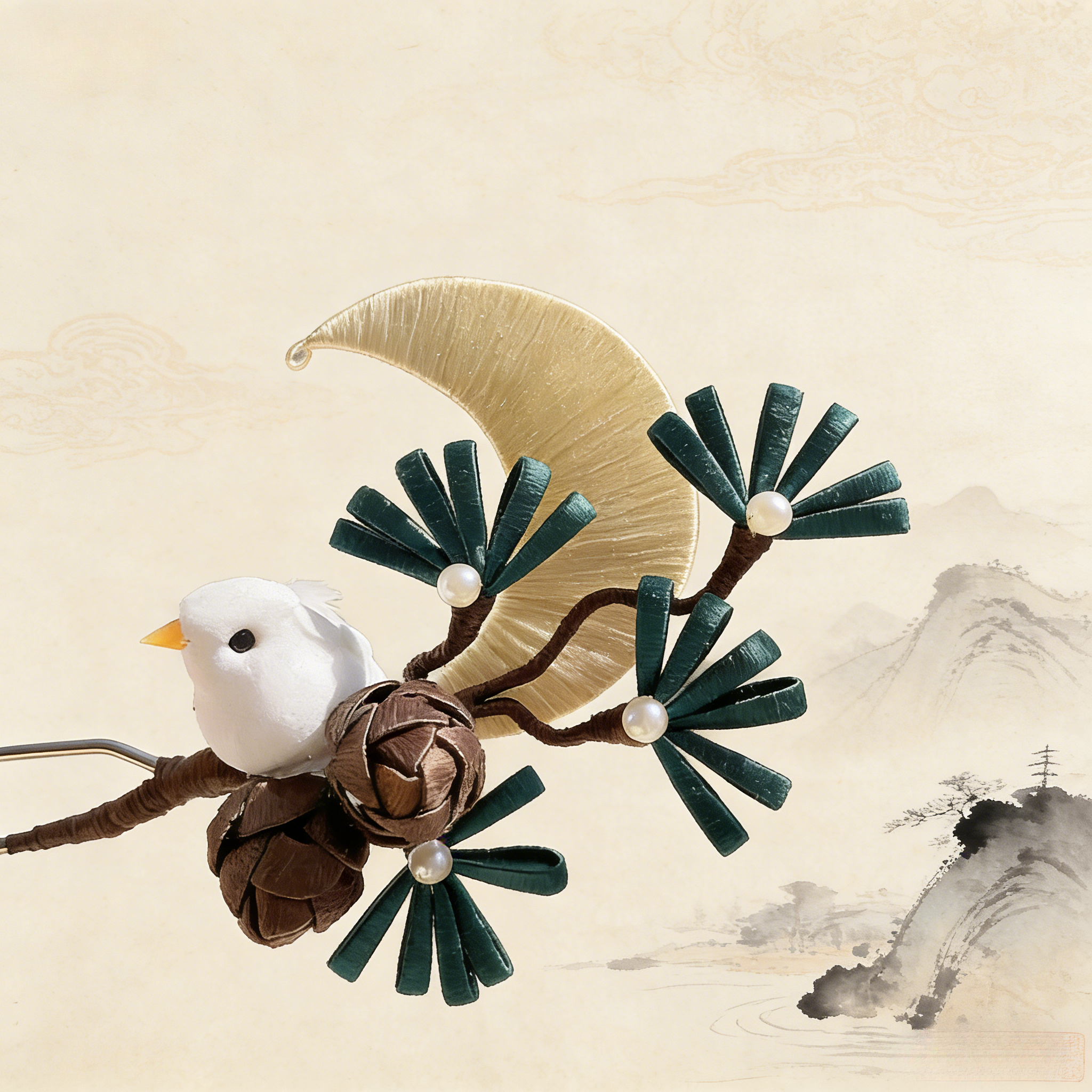 Chinese Intangible Cultural Heritage Handmade Wrapped Flower Pine Tree Moonlight Pine Cone Bird Accessory Hair Ornament Artistic Cute Hairpin David Gold Necklace Yurman