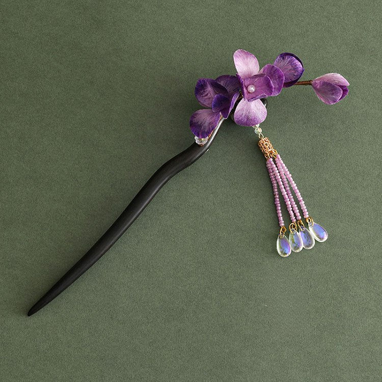 Chinese non-heritage velvet flower hairpin purple sandalwood purple flower petals hair pin David gold necklace yurman