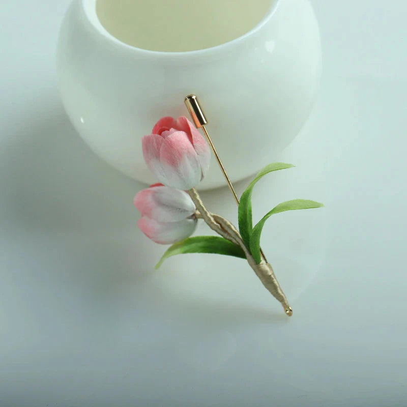 Chinese Handmade Intangible Cultural Heritage Silk Velvet Flower Tulip Brooch Accessory Fresh Feeling David Gold Necklace Yurman