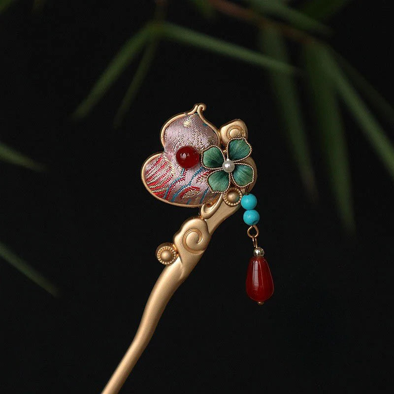 Chinese Intangible Cultural Heritage Handmade Silk Velvet Flower Fabric Gourd Hairpin David gold necklace yurman
