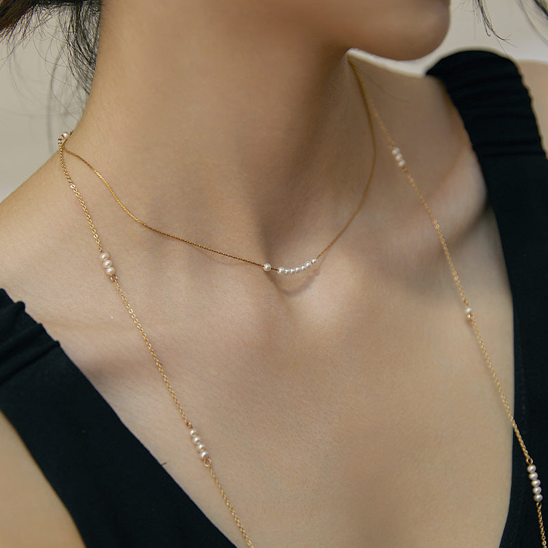 Necklace for Women Freshwater Pearl Light Luxury S925 Silver Long Necklace Niche Hypoallergenic Collarbone Chain Birthday Gift Gold Necklace Davidgold necklace david002