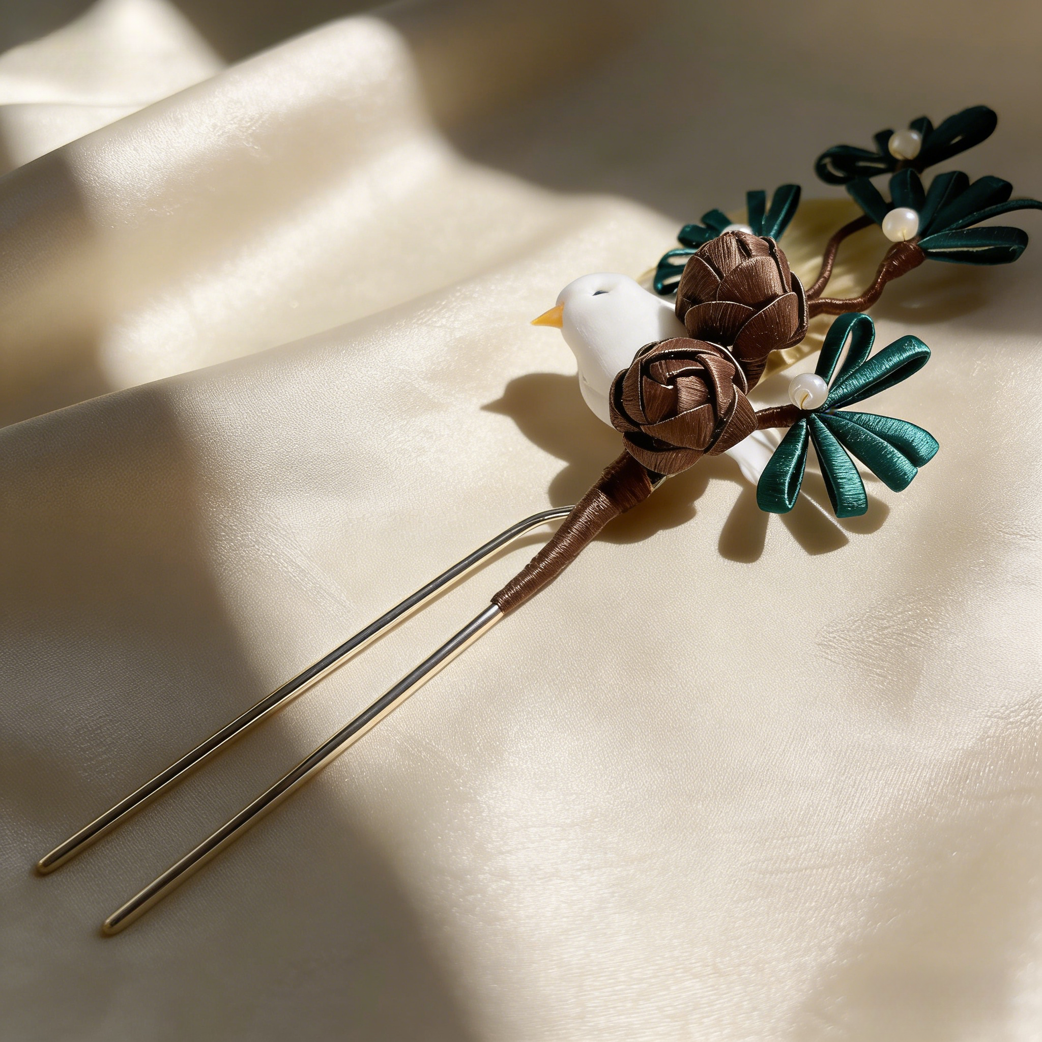 Chinese Intangible Cultural Heritage Handmade Wrapped Flower Pine Tree Moonlight Pine Cone Bird Accessory Hair Ornament Artistic Cute Hairpin David Gold Necklace Yurman