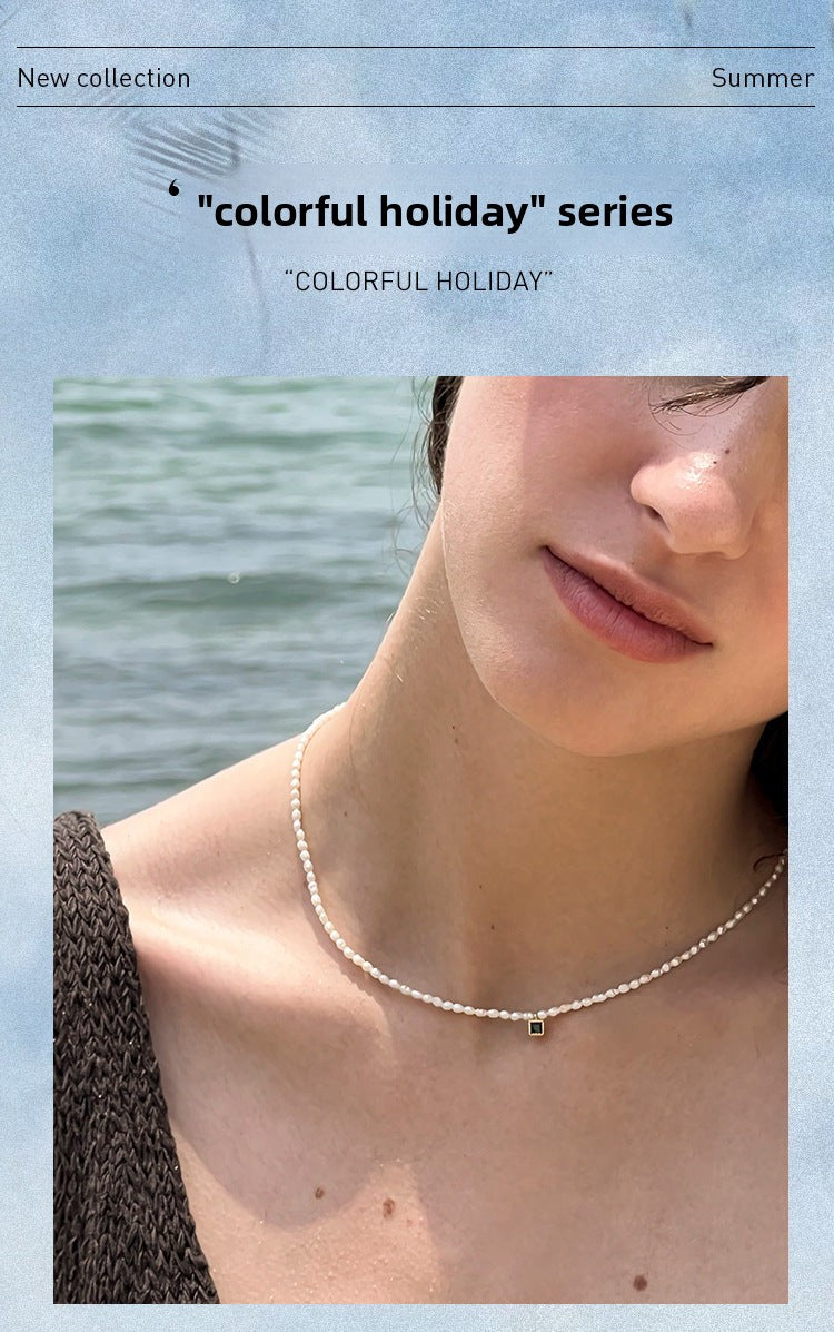 French Style Pearl Necklace for Women, New Trendy Small Square Diamond Design Clavicle Chain, 002Fashionable and Elegant Necklace with a Sense of Sophistication, Jewelry Davidjewelry david002