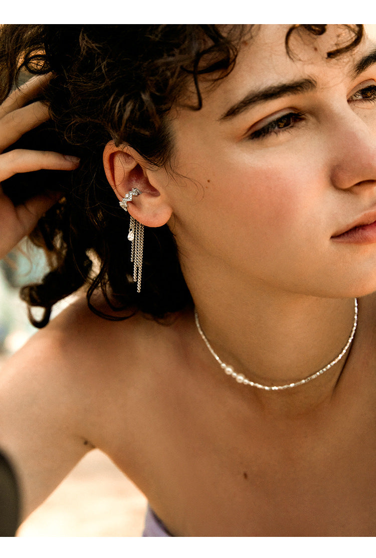Copper Alloy Synthetic Zircon Earrings Tassel Ear Cuff for Women, Light Luxury French Style, High-End Feel, Non-Pierced Ear Clip, Ear Jewelry