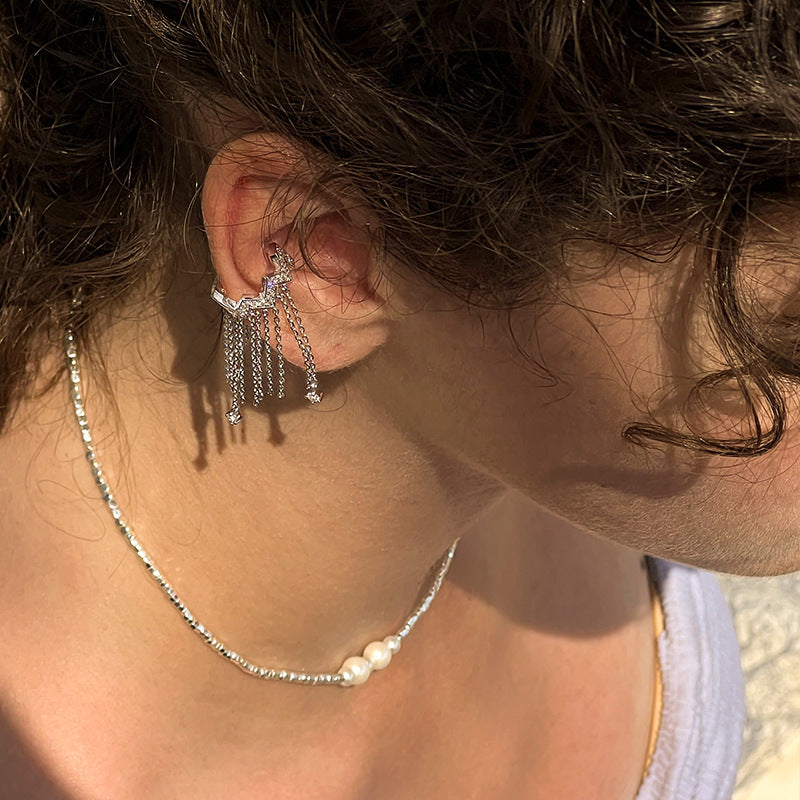 Copper Alloy Synthetic Zircon Earrings Tassel Ear Cuff for Women, Light Luxury French Style, High-End Feel, Non-Pierced Ear Clip, Ear Jewelry