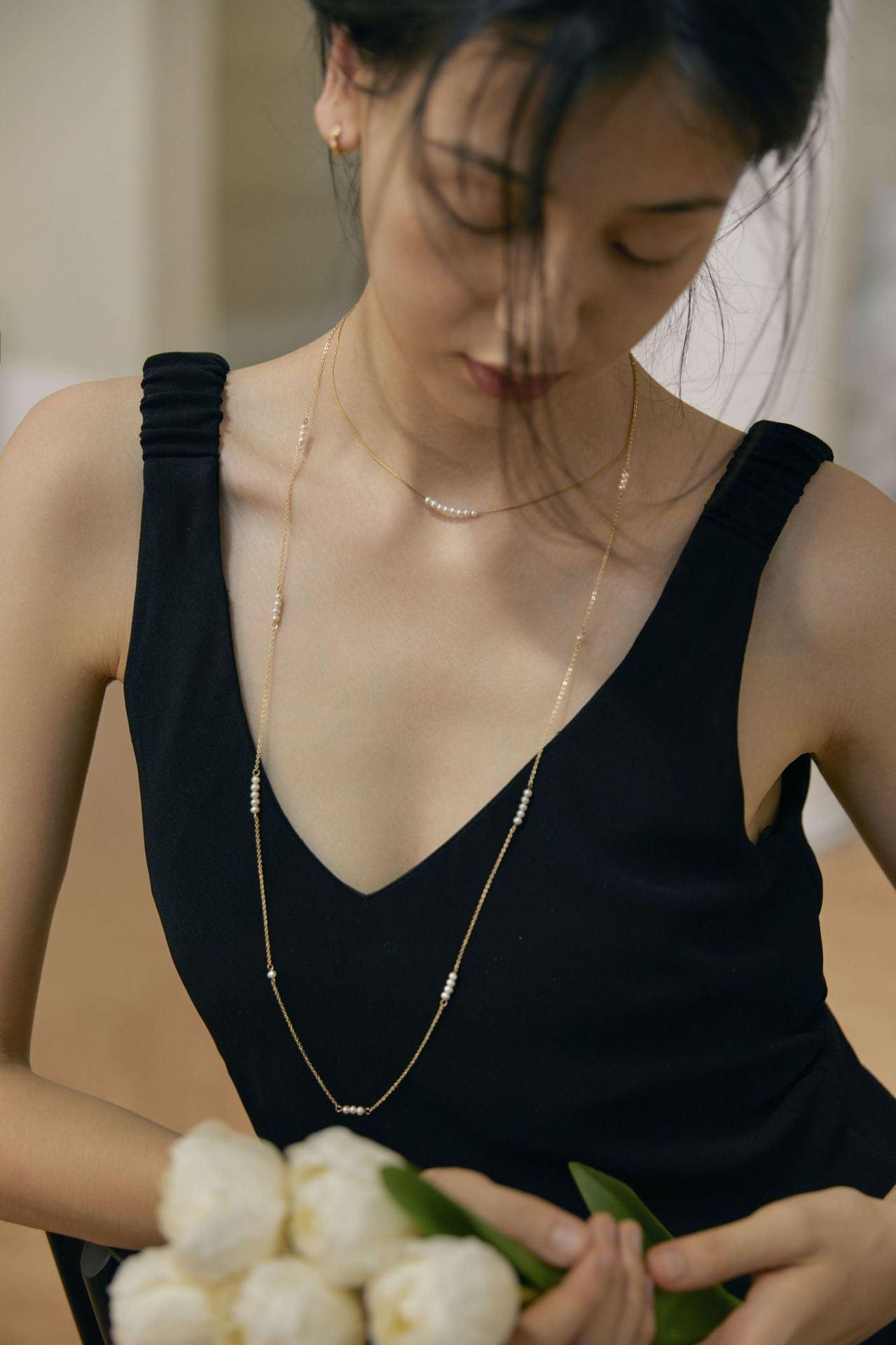 Necklace for Women Freshwater Pearl Light Luxury S925 Silver Long Necklace Niche Hypoallergenic Collarbone Chain Birthday Gift Gold Necklace Davidgold necklace david002