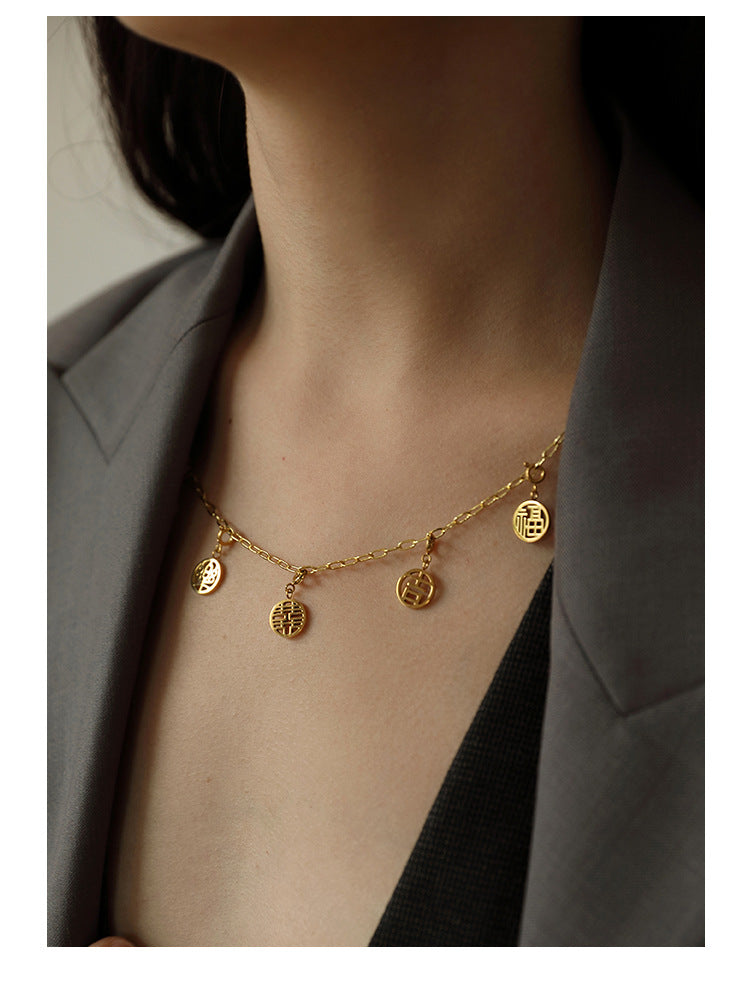 2022 New Titanium Steel Pendant for Women, Light Luxury Retro Chinese Style New Year Niche High-end Pendant Jewelry David Gold Necklacejewelry david gold necklace002