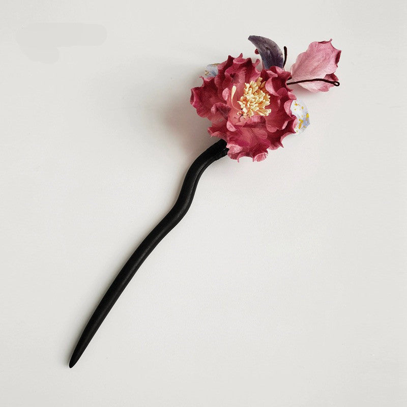 National Style Intangible Cultural Heritage Velvet Flower Sandalwood Hairpin Red Peony Women's Hair Accessories