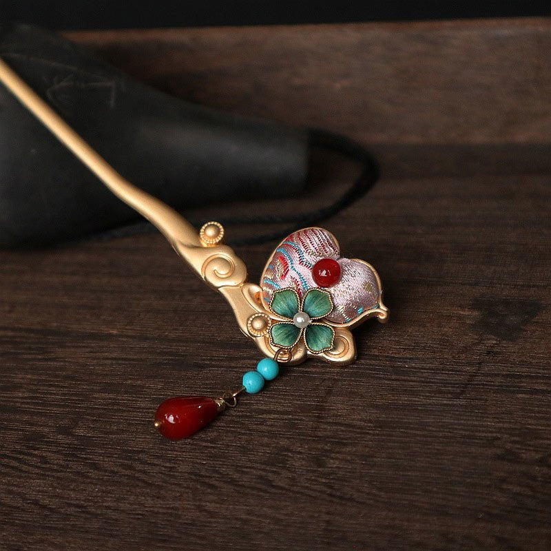 Chinese Intangible Cultural Heritage Handmade Silk Velvet Flower Fabric Gourd Hairpin David gold necklace yurman