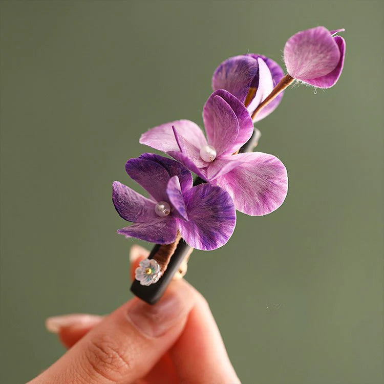 Chinese non-heritage velvet flower hairpin purple sandalwood purple flower petals hair pin David gold necklace yurman