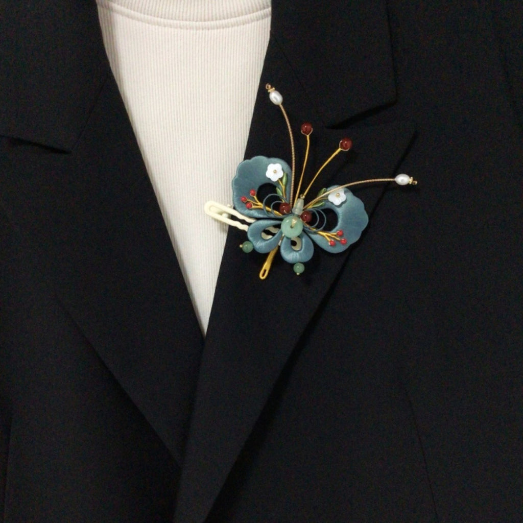 Intangible Cultural Heritage Silk Wrapped Flower Retro Butterfly Hair Clip, Hair Accessory, Qipao Brooch, Chinese Style Brooch