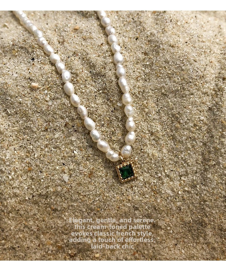 French Style Pearl Necklace for Women, New Trendy Small Square Diamond Design Clavicle Chain, 002Fashionable and Elegant Necklace with a Sense of Sophistication, Jewelry Davidjewelry david002