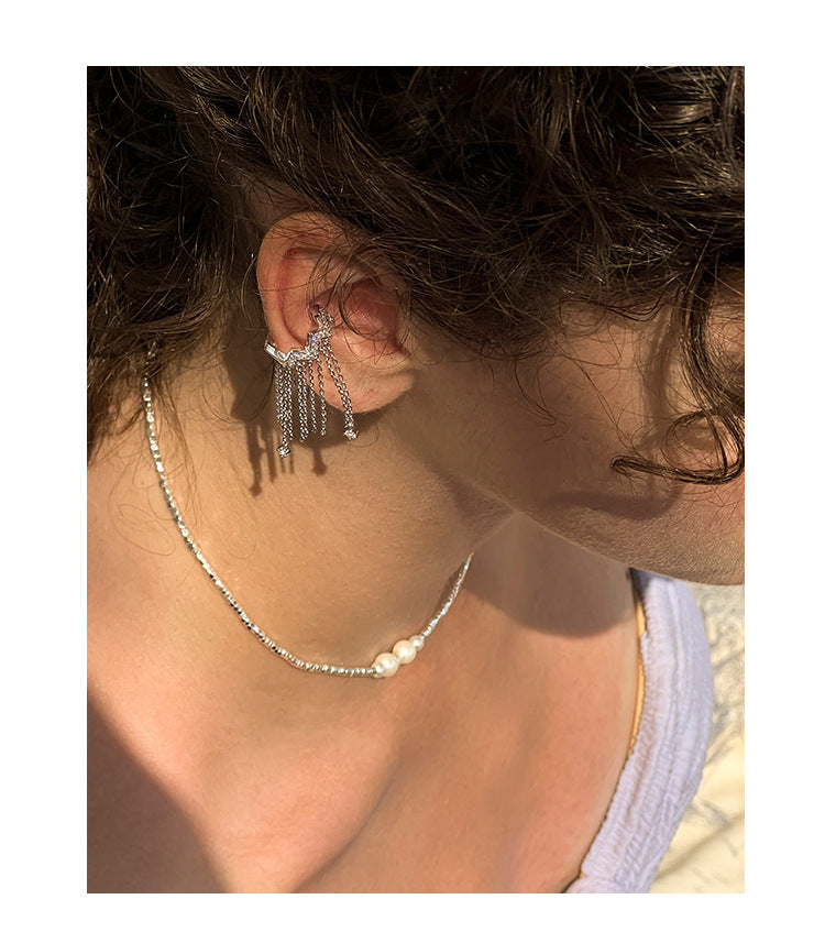 Copper Alloy Synthetic Zircon Earrings Tassel Ear Cuff for Women, Light Luxury French Style, High-End Feel, Non-Pierced Ear Clip, Ear Jewelry