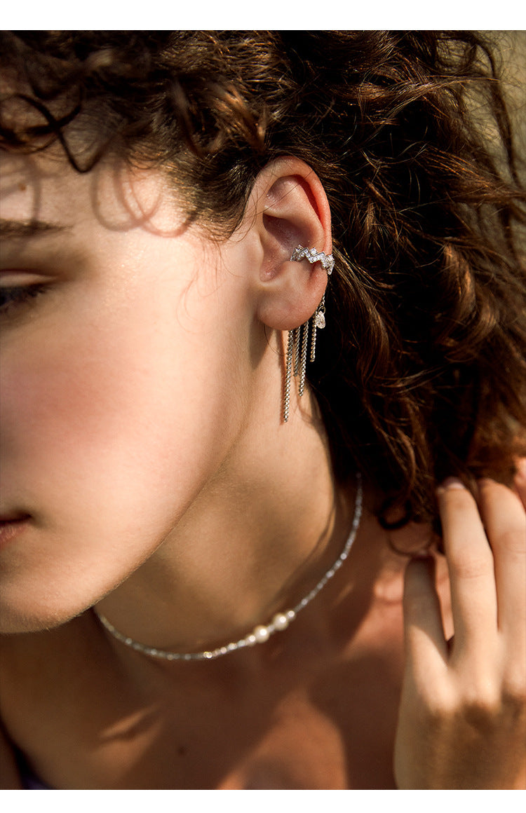 Copper Alloy Synthetic Zircon Earrings Tassel Ear Cuff for Women, Light Luxury French Style, High-End Feel, Non-Pierced Ear Clip, Ear Jewelry