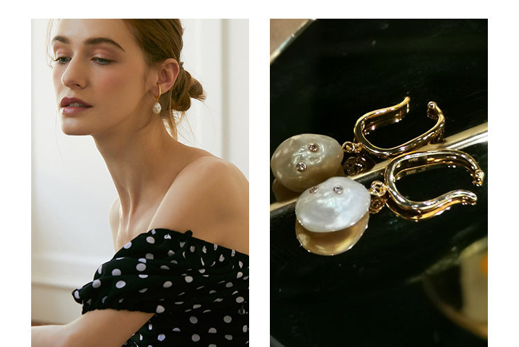 Non-Painful Ear Clips Ear Bone Clips Earrings Niche Design Sense Non-Pierced Women's Earrings Baroque Pearl Ear Hooks David Jewelrydavid jewelry