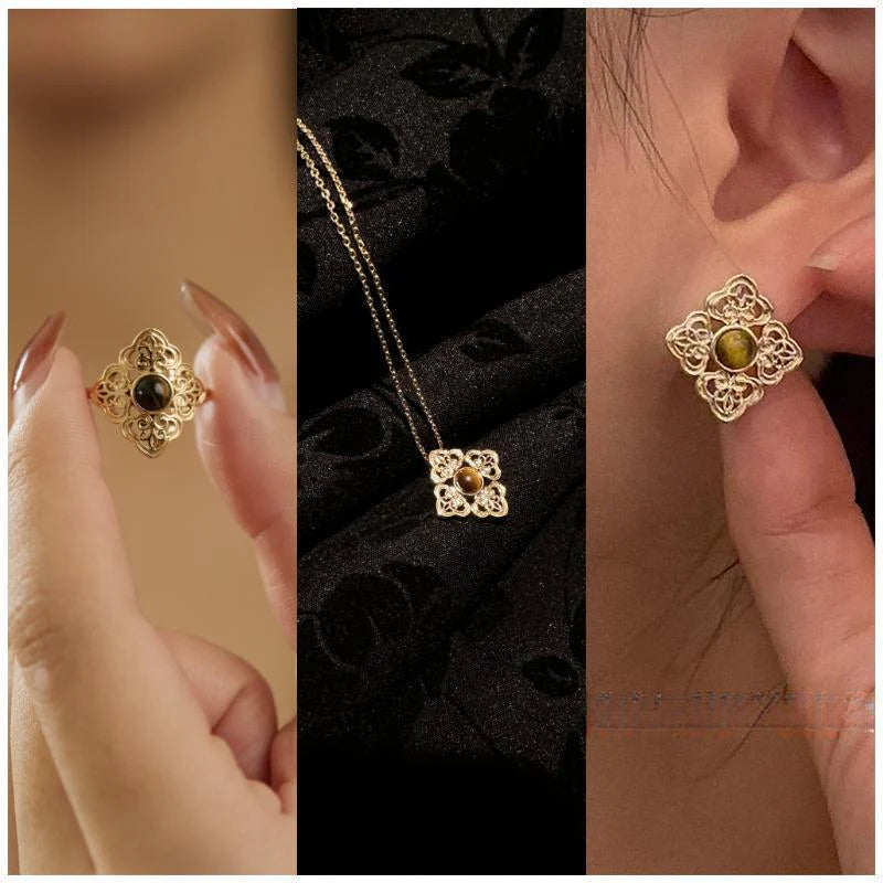 Auspicious Three-Piece Set (Necklace + Ring + Earrings) Jewelry Gold Necklace Jewelry Gold Necklacejewelry gold necklace001003