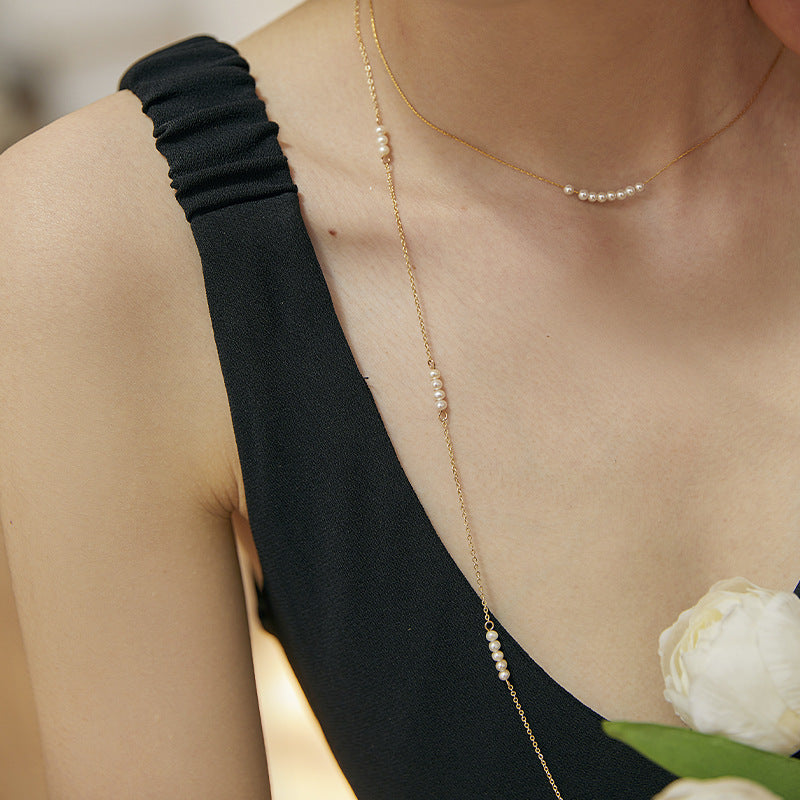 Necklace for Women Freshwater Pearl Light Luxury S925 Silver Long Necklace Niche Hypoallergenic Collarbone Chain Birthday Gift Gold Necklace Davidgold necklace david002