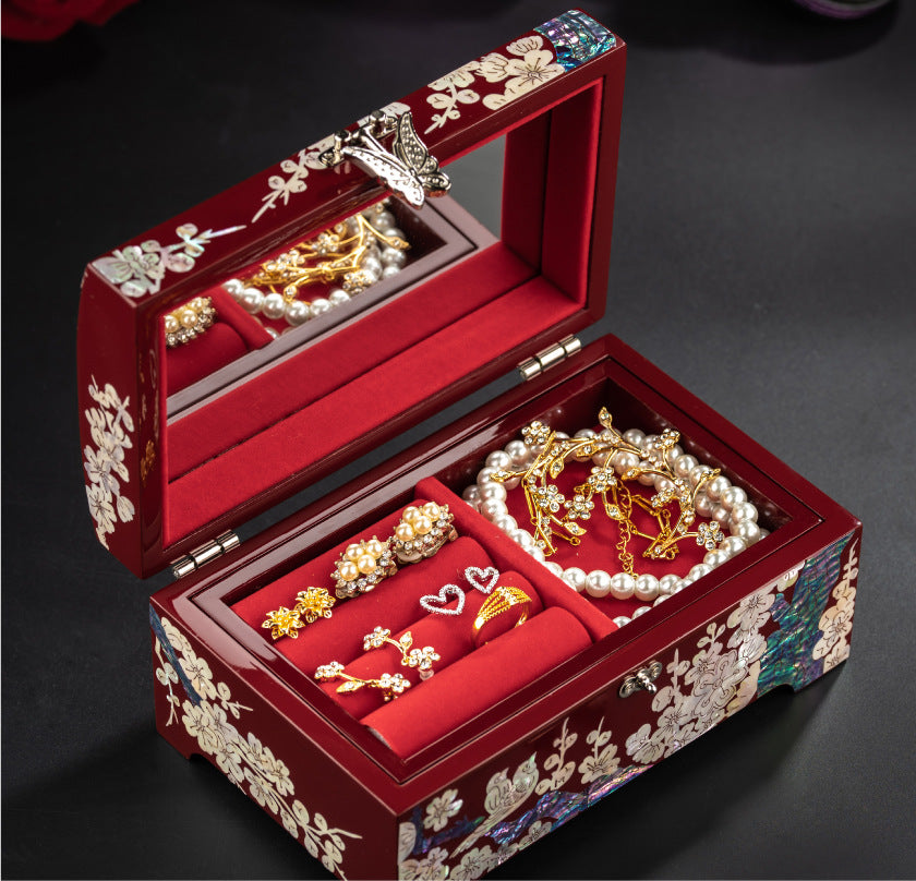 Lacquer Jewelry Box with Mother-of-Pearl, Wedding Gift, High-End Wooden Ear Jewelry Necklace Storage Box, Chinese Style Lockable Jewelry Box, Gold Necklace, Tiffany Jewelry, Davidgold necklace Tiffany jewelry david