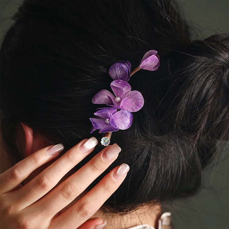 Chinese non-heritage velvet flower hairpin purple sandalwood purple flower petals hair pin David gold necklace yurman