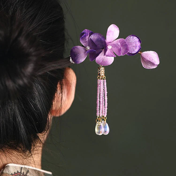 Chinese non-heritage velvet flower hairpin purple sandalwood purple flower petals hair pin David gold necklace yurman