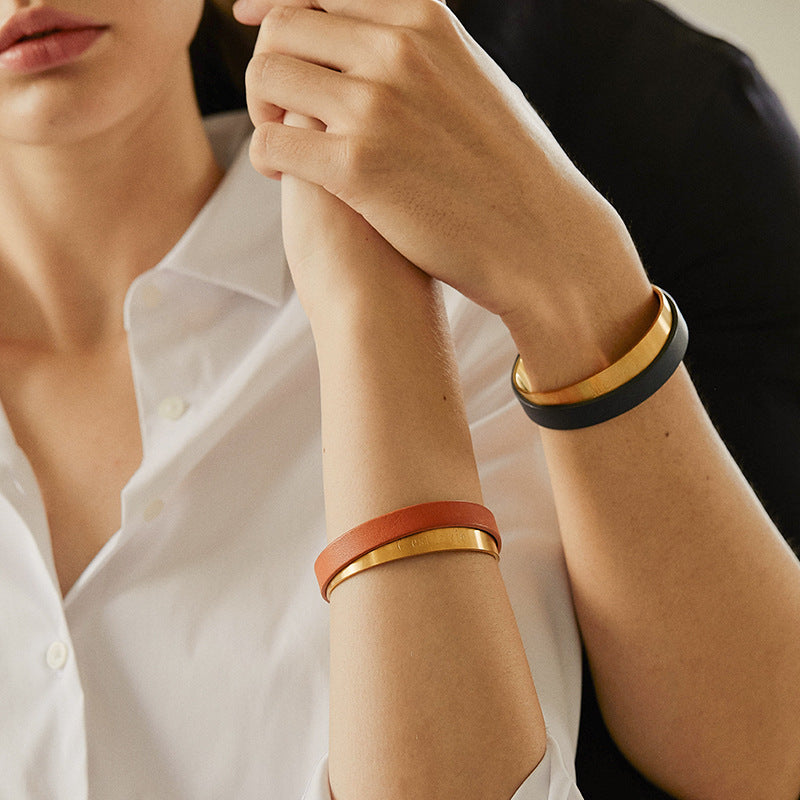 Titanium Steel Leather Bracelet Couple Bracelet Women's Niche Design Men's Accessories Light Luxury Style